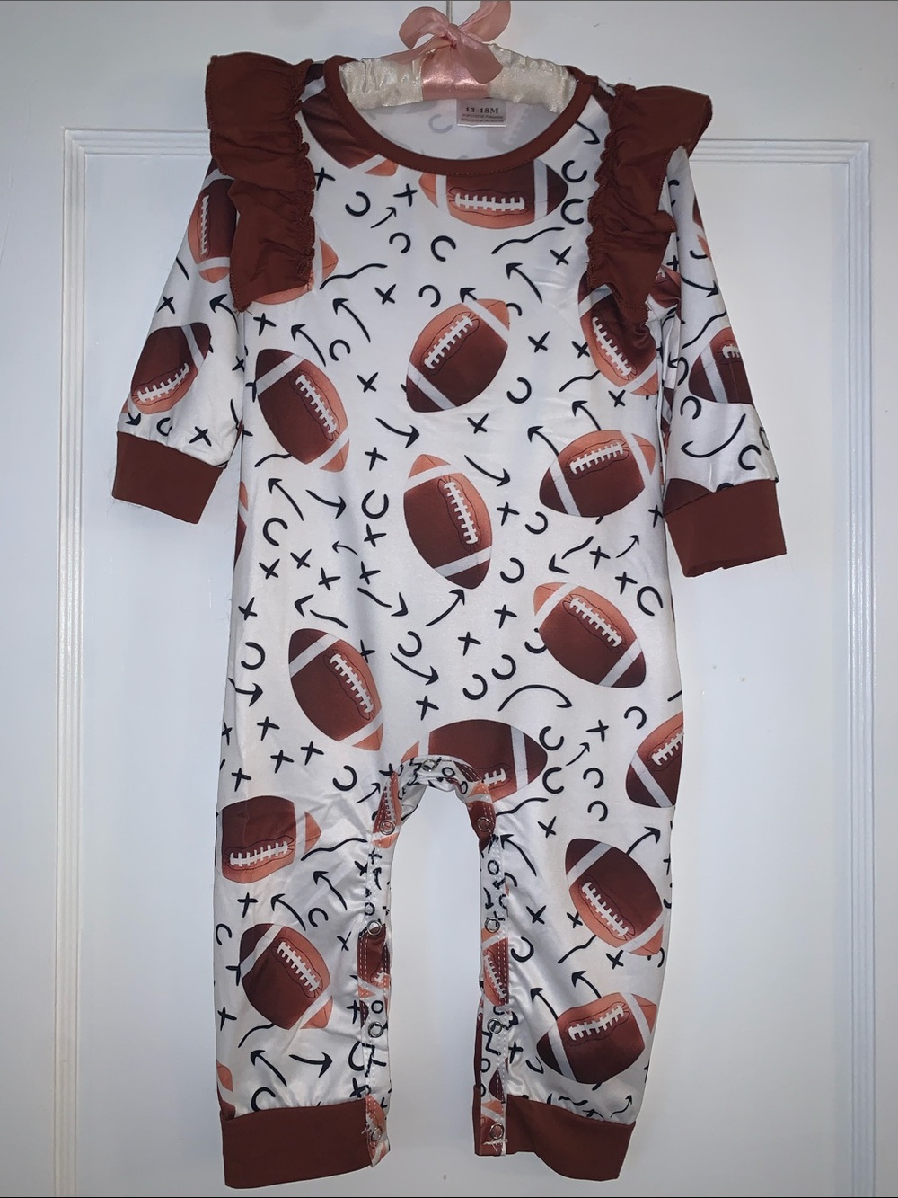 NWOT Rylee Faith Designs Football Ruffle Romper 12-18M